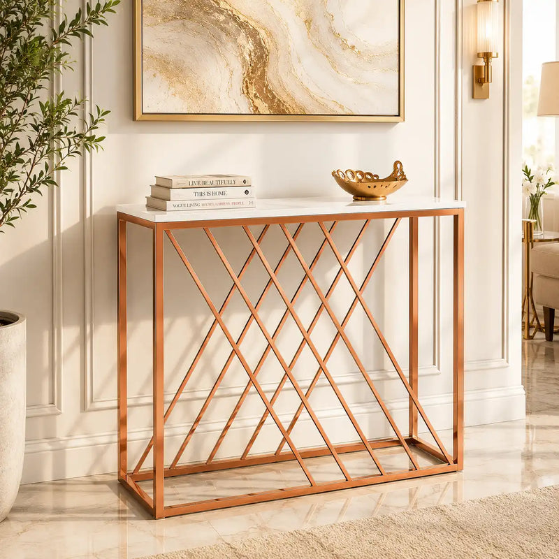Unique Pattern Console Table  with Copper Metal Finish
