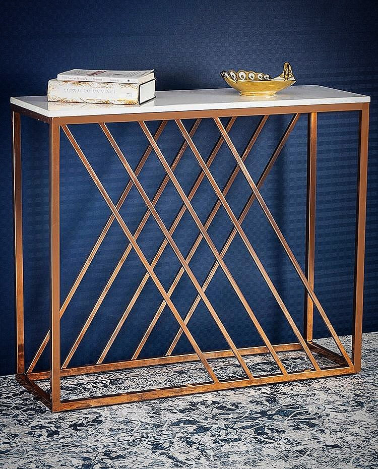 Unique Pattern Console Table with Copper Metal Finish – Vibecrafts