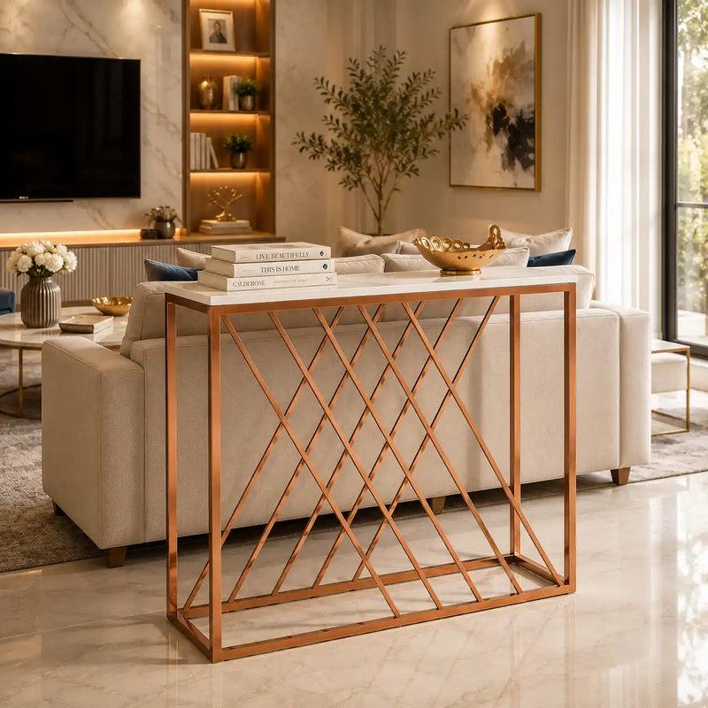 Unique Pattern Console Table  with Copper Metal Finish