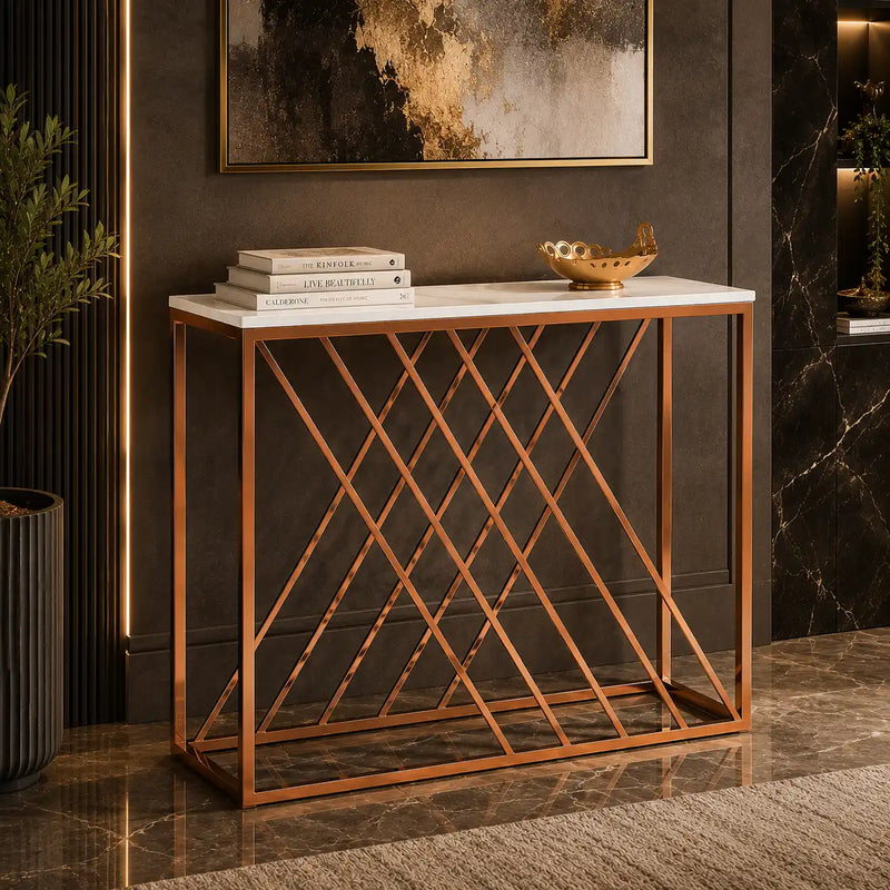 Unique Pattern Console Table  with Copper Metal Finish