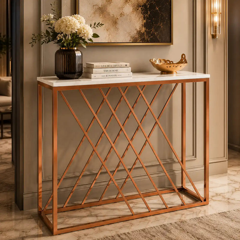 Unique Pattern Console Table  with Copper Metal Finish