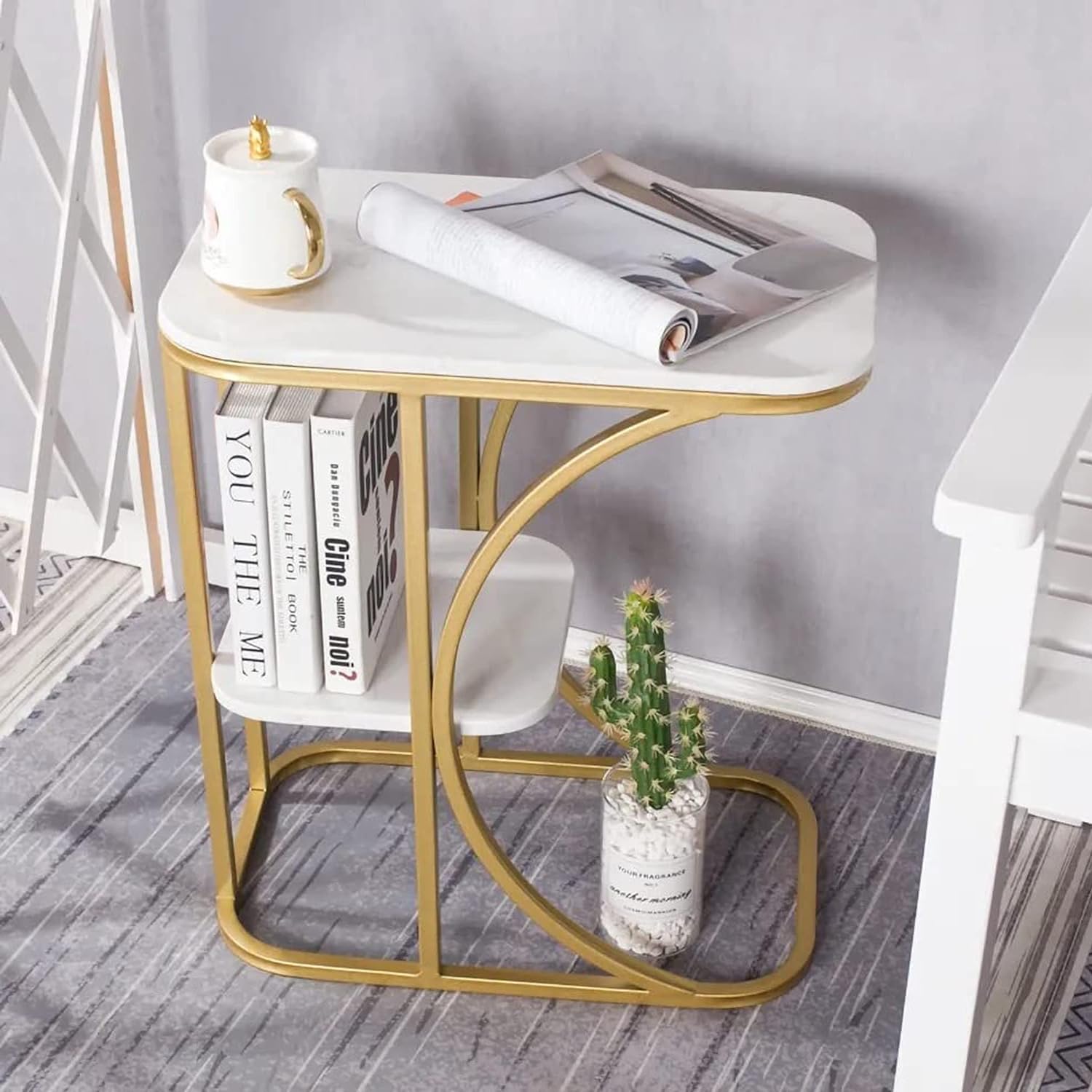 Side Table Pattern 2 Tiered with Gold End Faux Marble Side Table