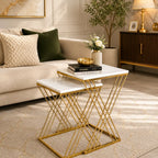 White Marble Golden Iron Stand Side Coffee Table Set of 2