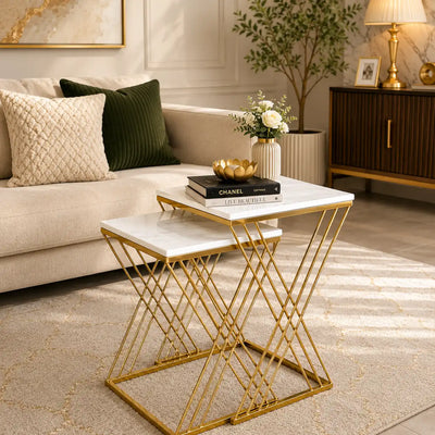 White Marble Golden Iron Stand Side Coffee Table Set of 2