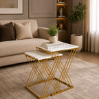 White Marble Golden Iron Stand Side Coffee Table Set of 2