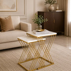 White Marble Golden Iron Stand Side Coffee Table Set of 2