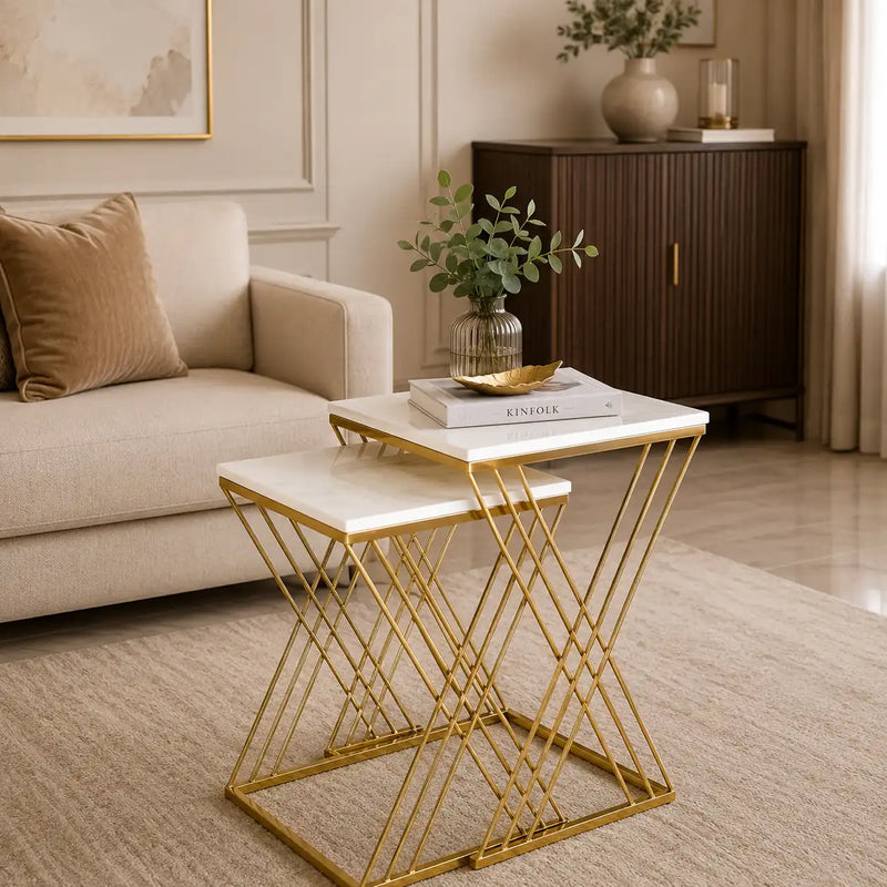 White Marble Golden Iron Stand Side Coffee Table Set of 2