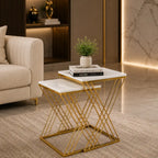 White Marble Golden Iron Stand Side Coffee Table Set of 2