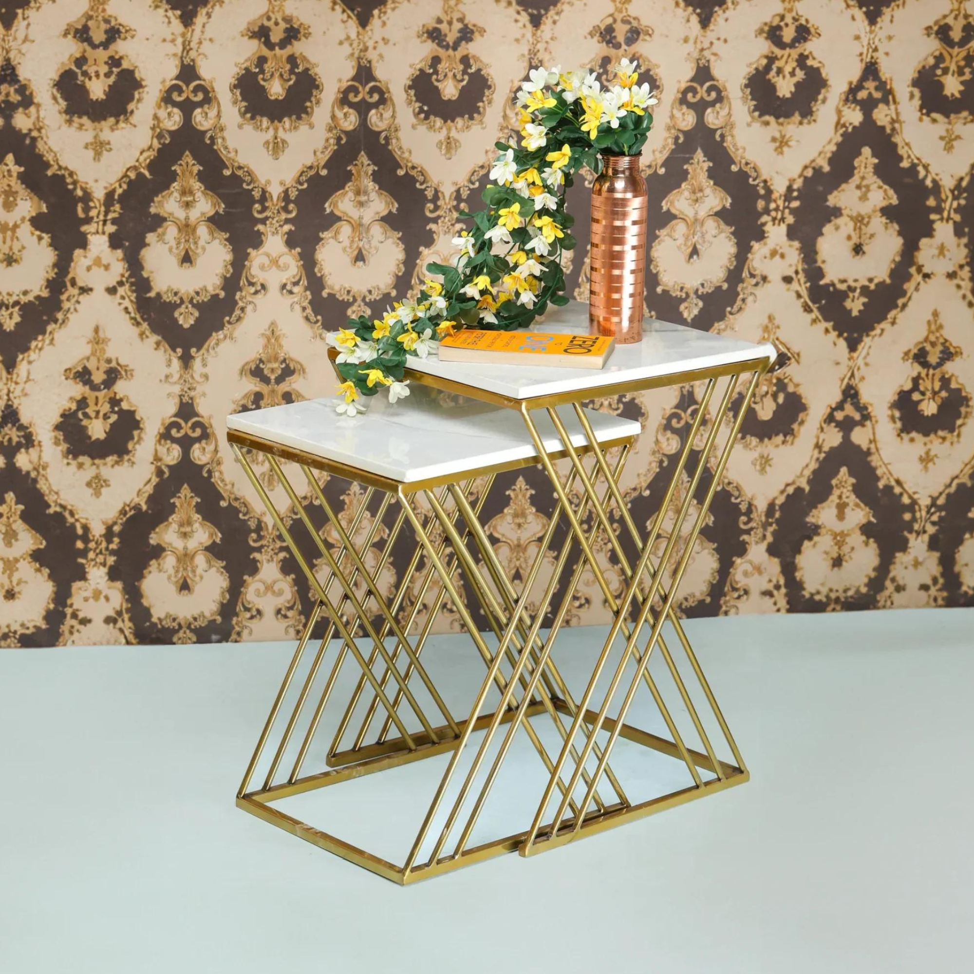 White Marble Golden Iron Stand Side Coffee Table Set of 2