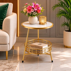 White Marble Round Shape Iron Stand Side Table