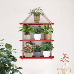 Wooden Wall Hanging Planter Shelf with Rope Three Layer (Red Color)