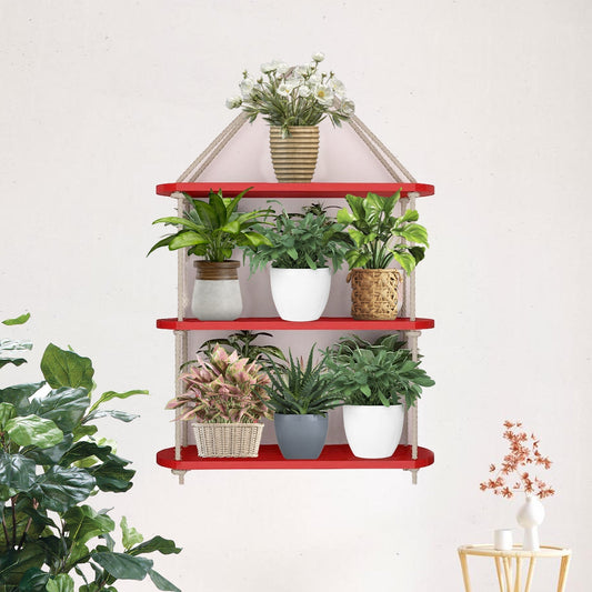 Wooden Wall Hanging Planter Shelf with Rope Three Layer (Red Color)