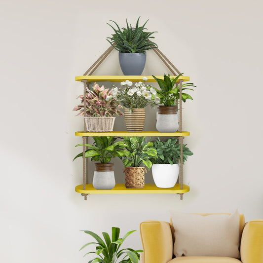 Wooden Wall Hanging Planter Shelf with Rope Three Layer (Yellow color)