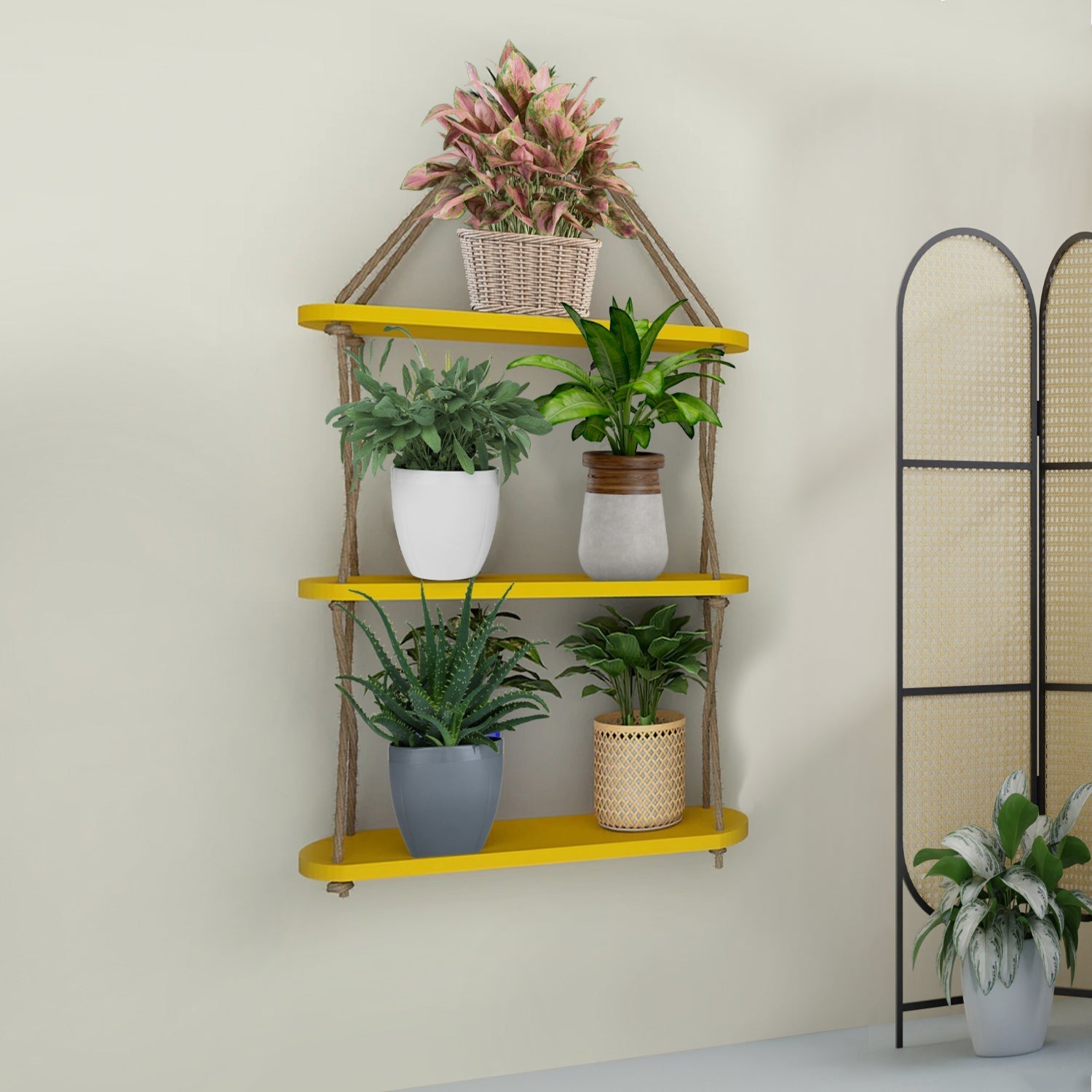 Wooden Wall Hanging Planter Shelf, Cross Rope 