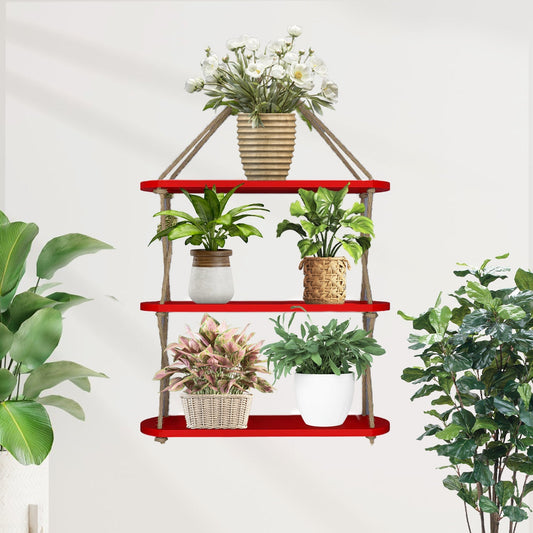 Wooden Wall Hanging Planter Shelf, Cross Rope with Three Layer (Red Color)