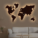 World Map Backlit Wooden Wall Decor with LED Night Light Walnut Finish