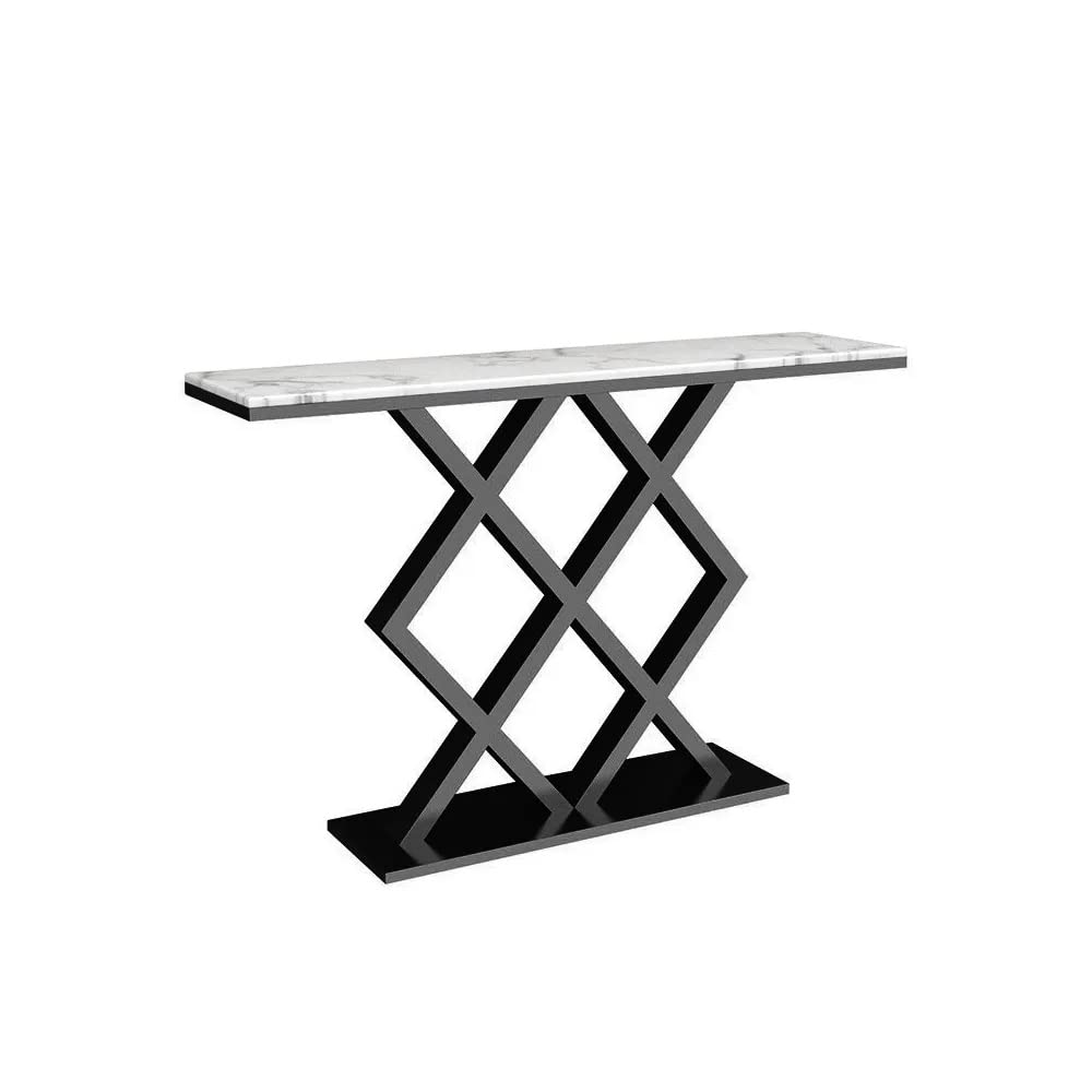 X-Rhombus Black Rectangular With Faux Marble Top Console Table