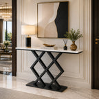 X-Rhombus Black Rectangular With Faux Marble Top Console Table