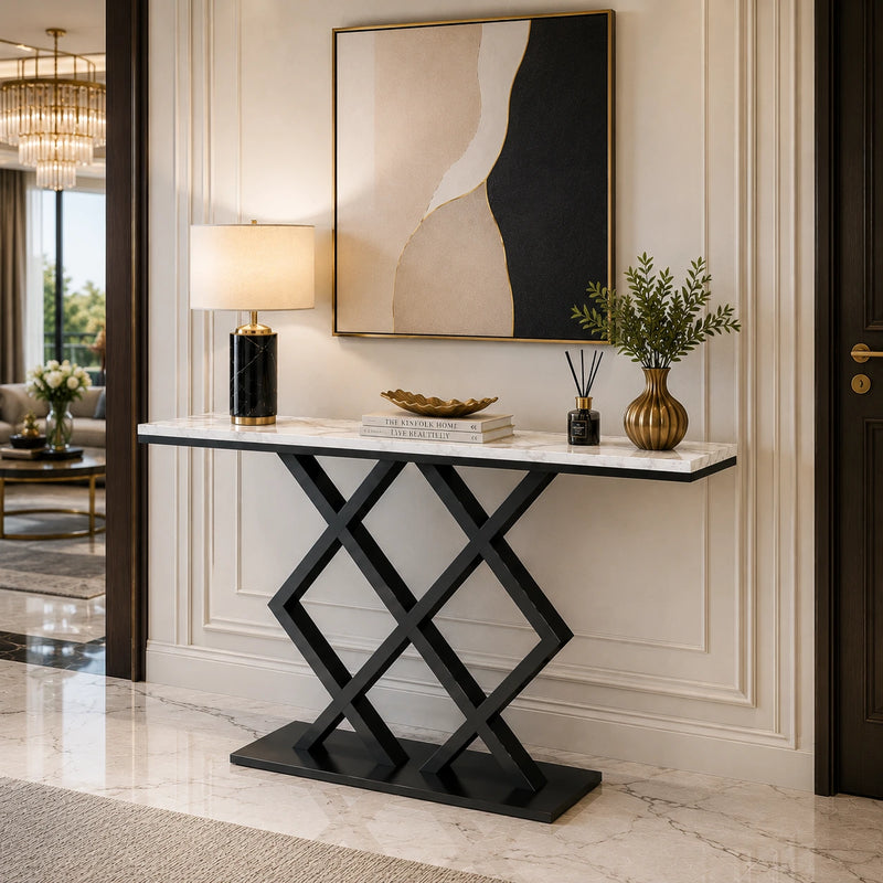 X-Rhombus Black Rectangular With Faux Marble Top Console Table