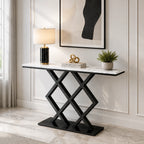 X-Rhombus Black Rectangular With Faux Marble Top Console Table