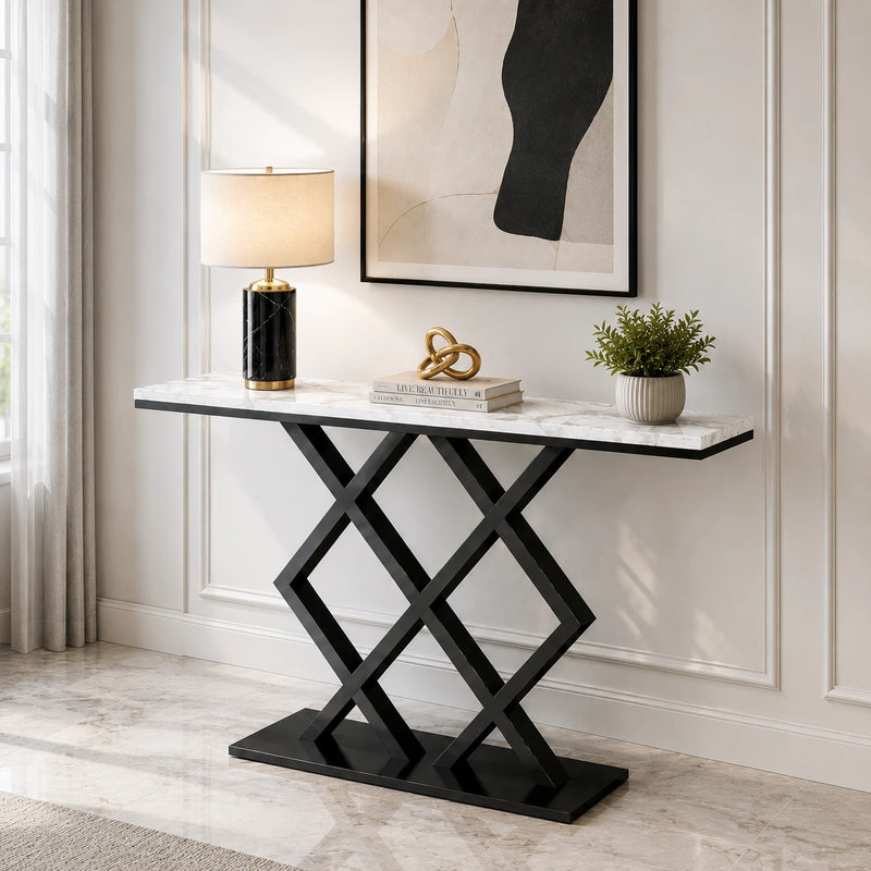 X-Rhombus Black Rectangular With Faux Marble Top Console Table