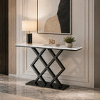 X-Rhombus Black Rectangular With Faux Marble Top Console Table