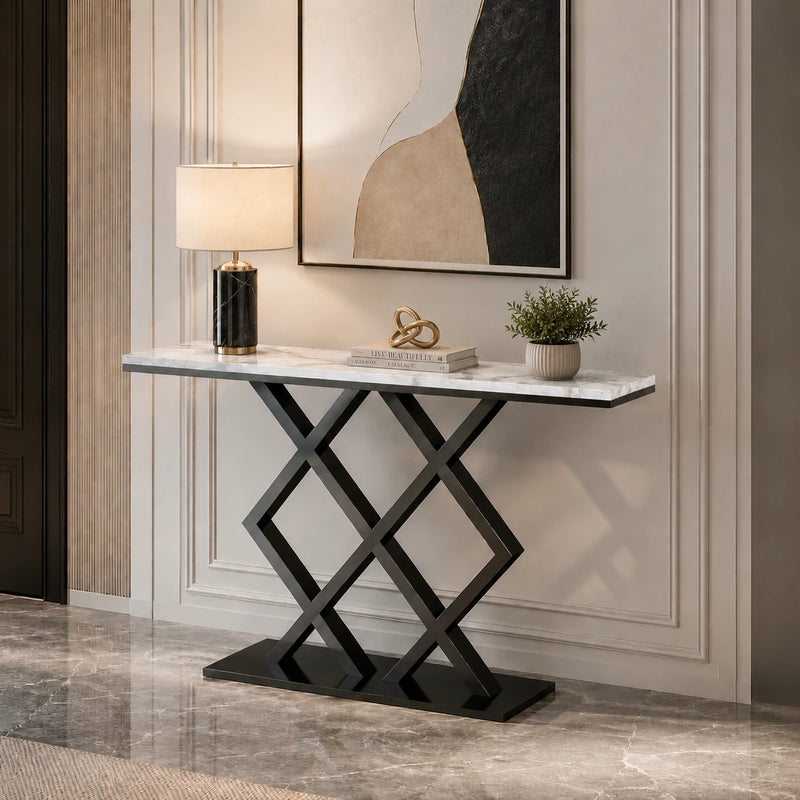 X-Rhombus Black Rectangular With Faux Marble Top Console Table