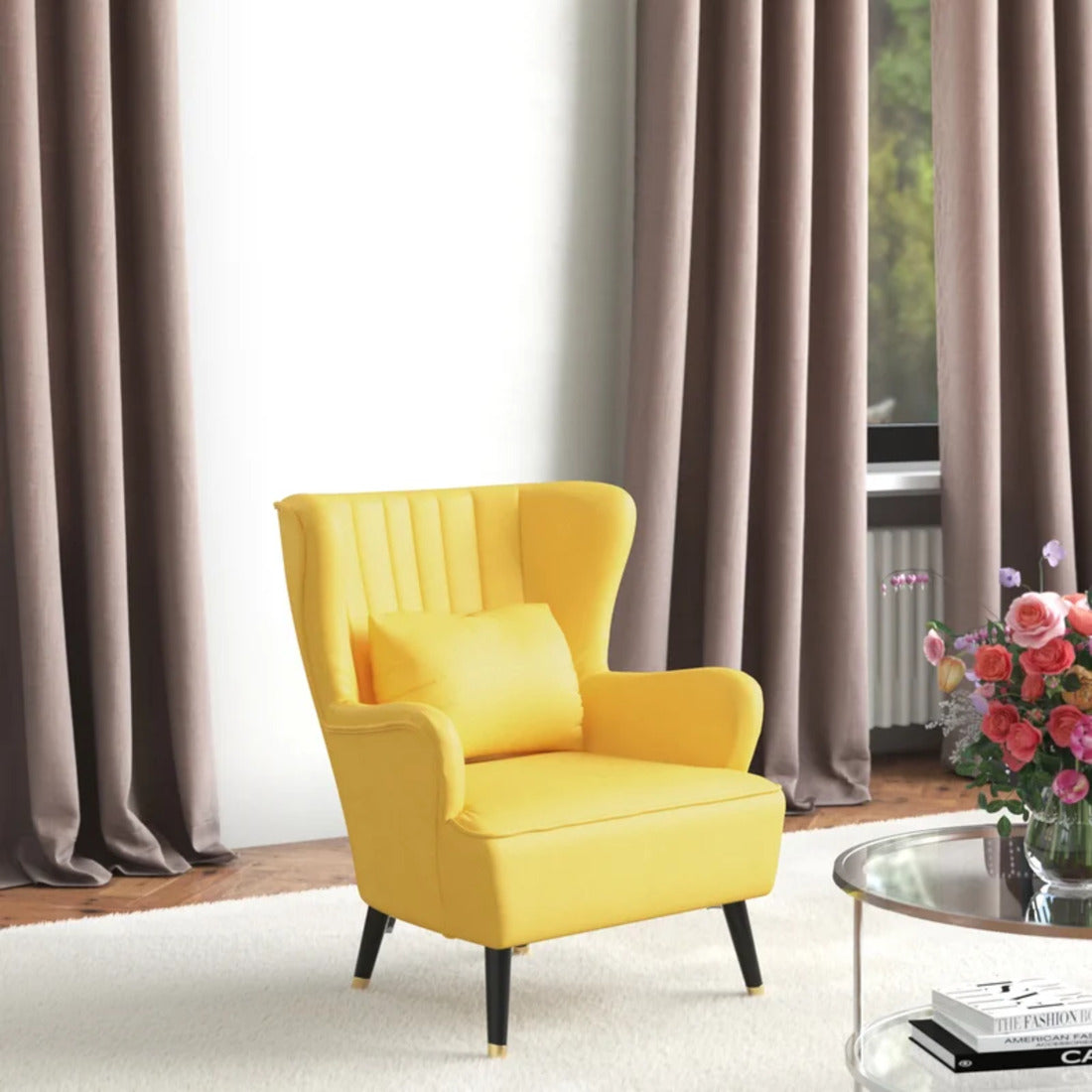 Yellow Tufted Accent Chair with Cushion