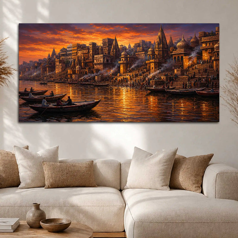 Vibrant Banaras Ghat Evening Canvas Painting for Entryway Décor