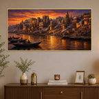 Vibrant Banaras Ghat Evening Canvas Painting for Entryway Décor