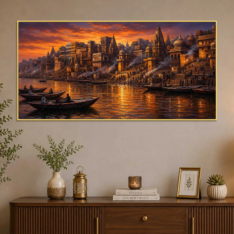 Vibrant Banaras Ghat Evening Canvas Painting for Entryway Décor