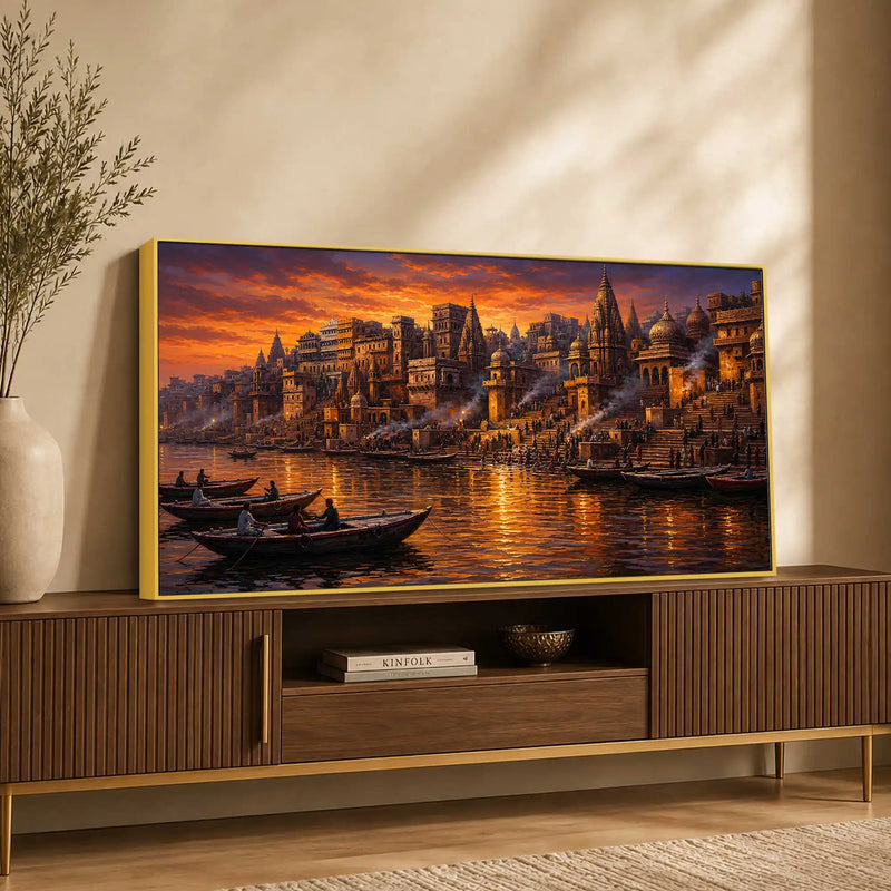 Vibrant Banaras Ghat Evening Canvas Painting for Entryway Décor