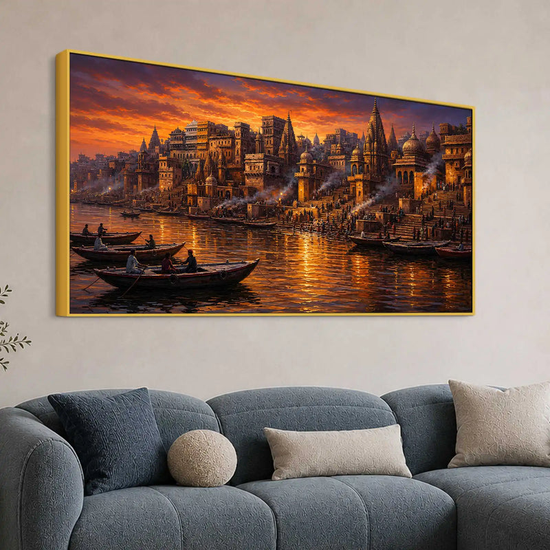 Vibrant Banaras Ghat Evening Canvas Painting for Entryway Décor
