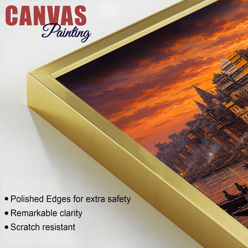 Vibrant Banaras Ghat Evening Canvas Painting for Entryway Décor