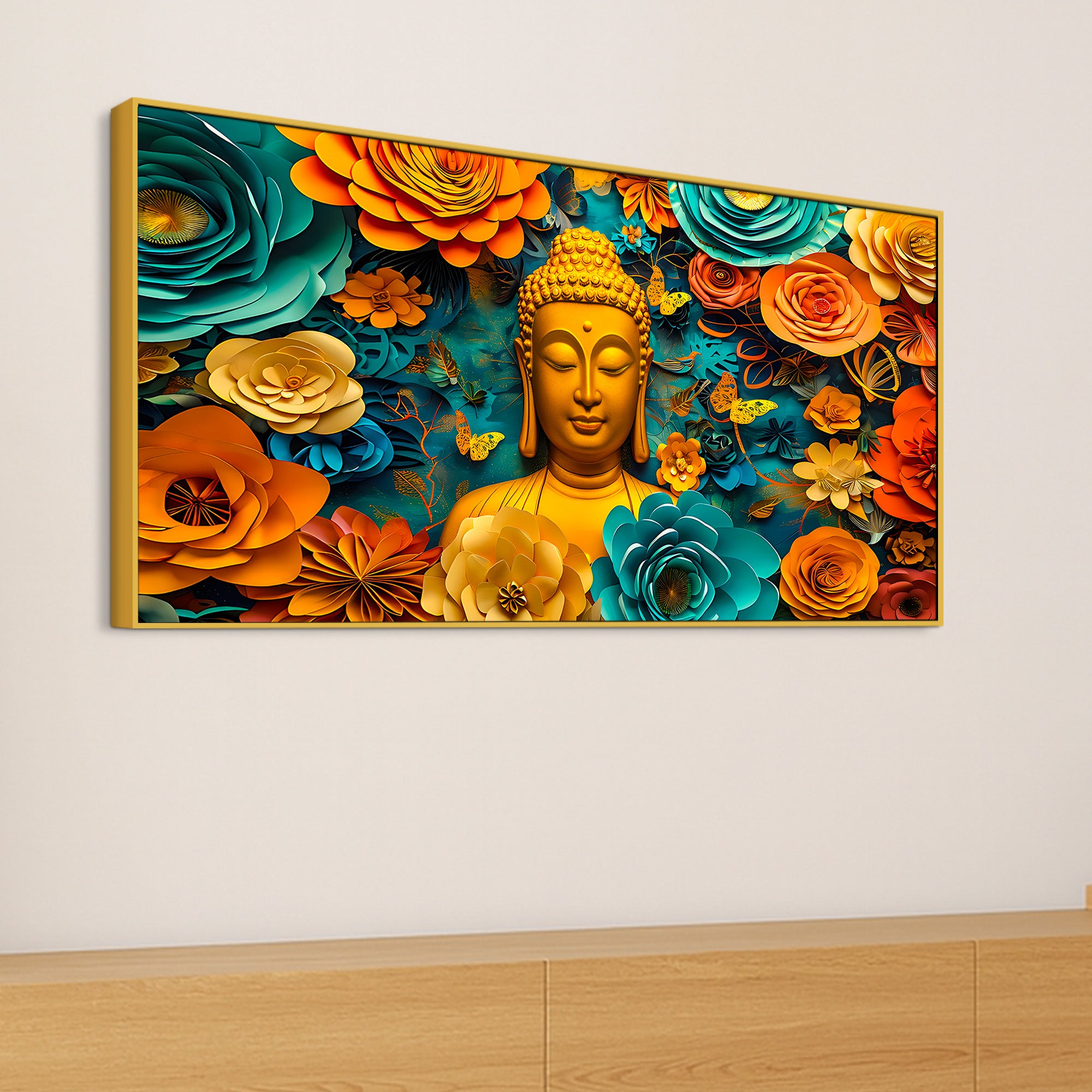 Vibrant Buddha Wall Painting with Multicolor Floral Artwork