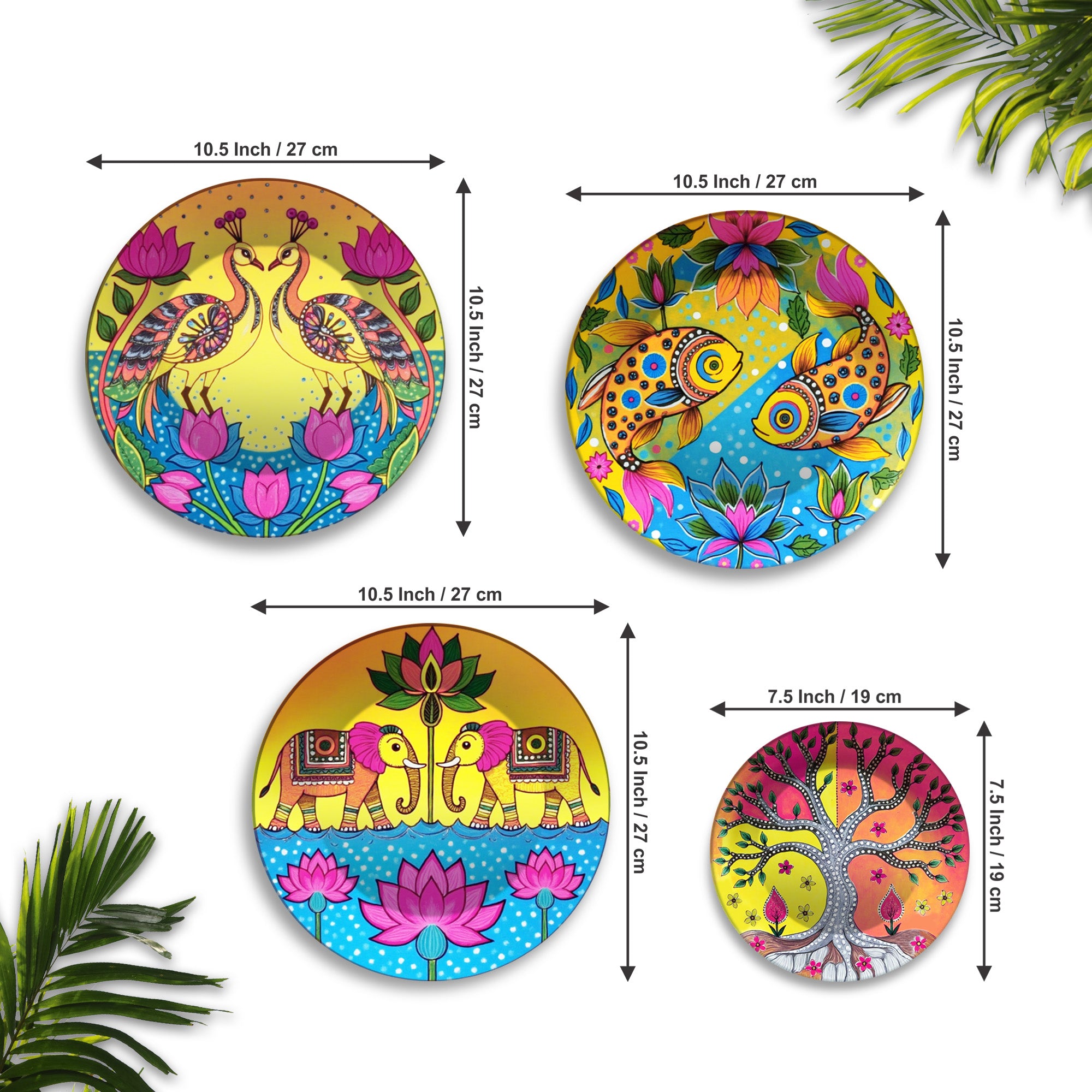 Vibrant Folk Color Splash Art Premium Wall Plates Painting Set of Four