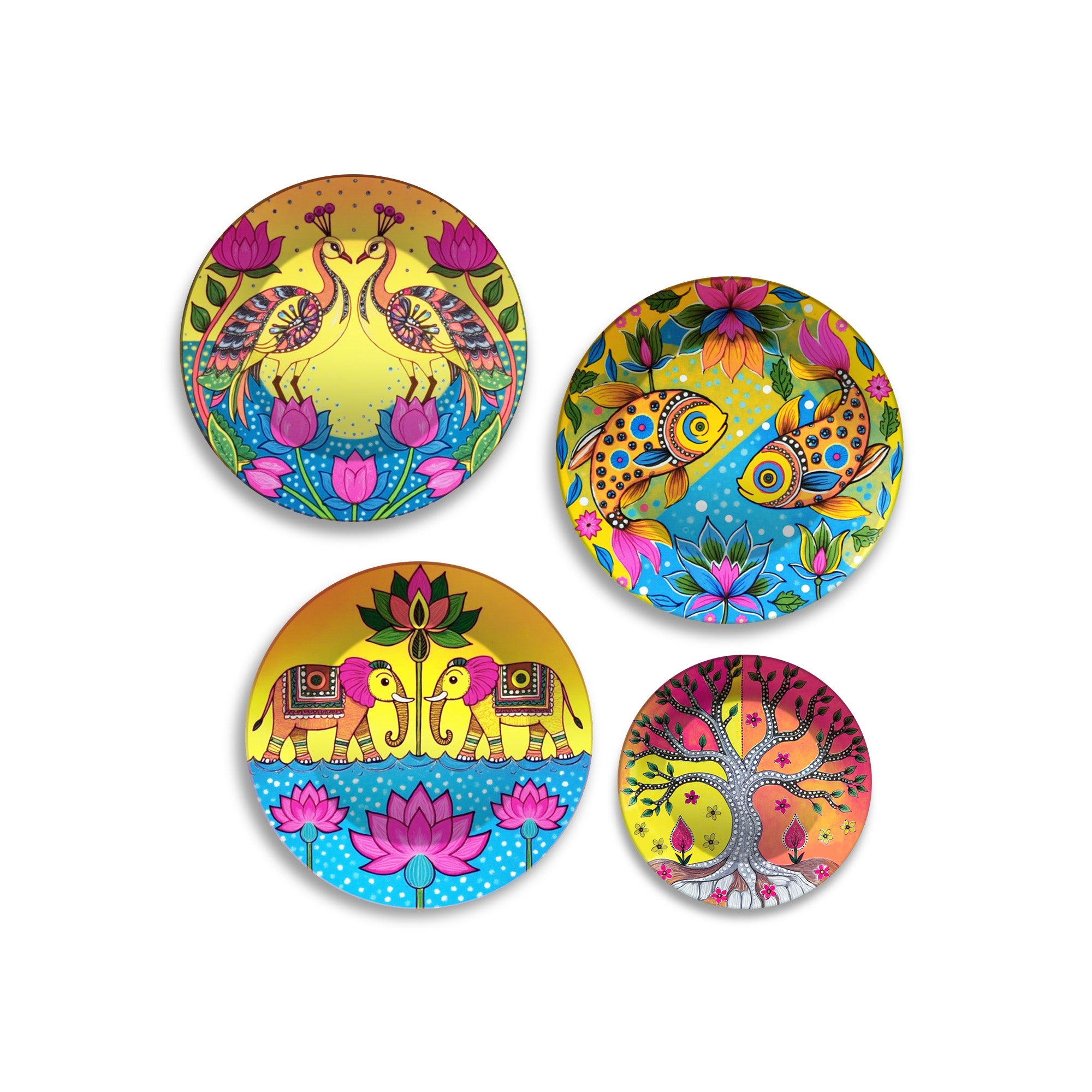 Vibrant Folk Color Splash Art Premium Wall Plates Painting Set of Four