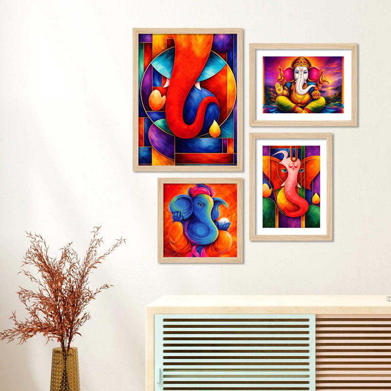 Vibrant Ganpati Modern Art Wall Frame Set of Four