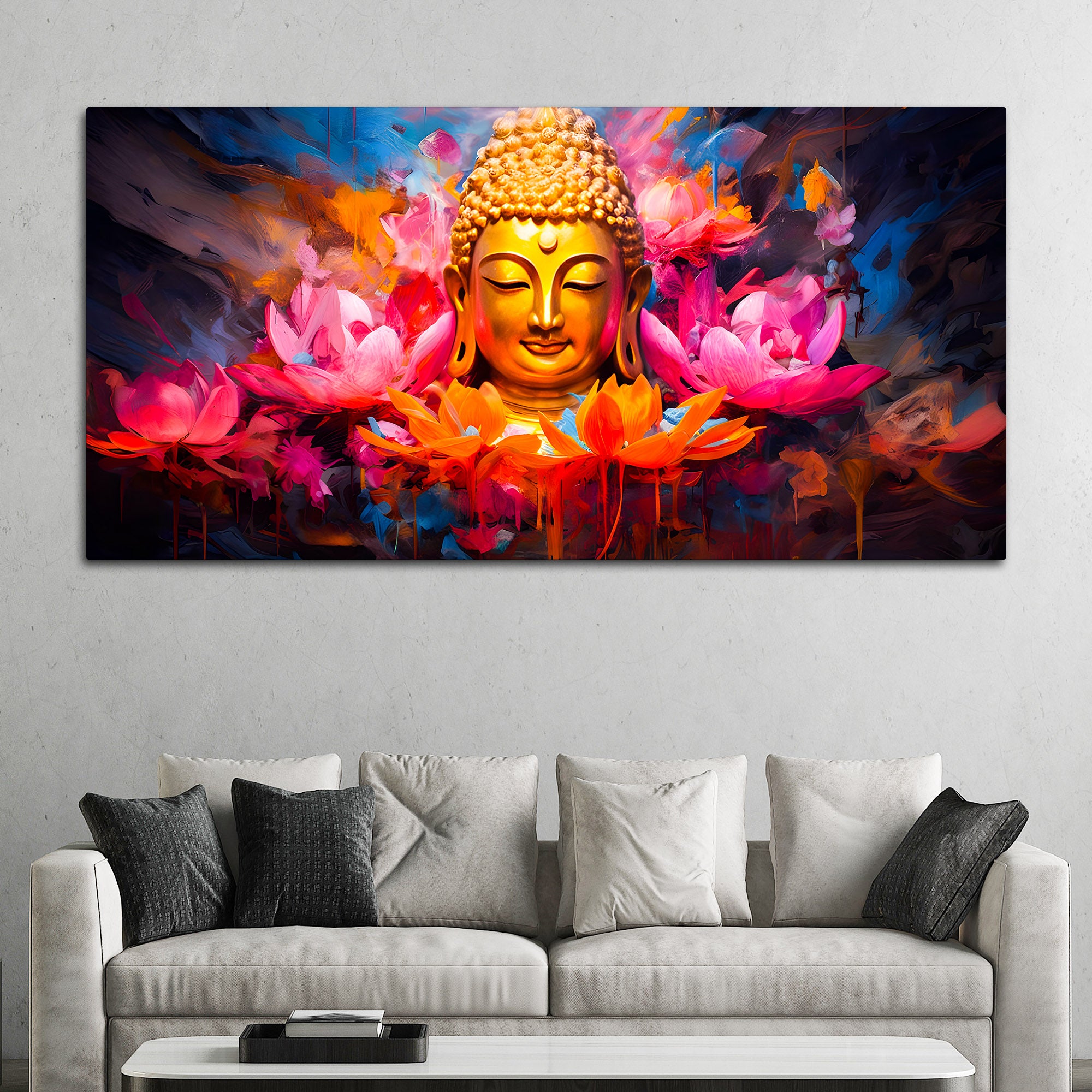 Vibrant Gautam Buddha Lotus Wall Painting for Luxury Living Room