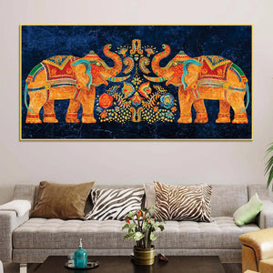 Vibrant Indian Symmetrical Elephant Canvas Wall Painting