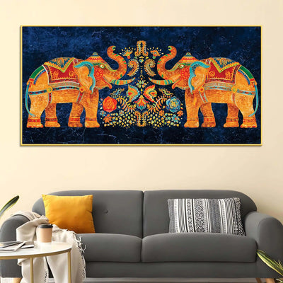 Vibrant Indian Symmetrical Elephant Canvas Wall Painting