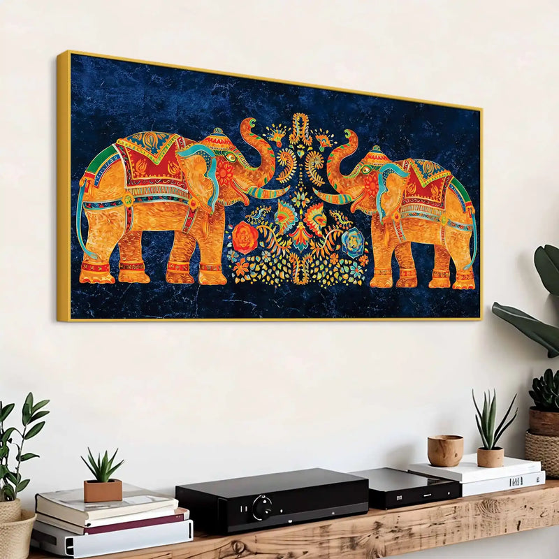 Vibrant Indian Symmetrical Elephant Canvas Wall Painting