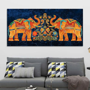 Vibrant Indian Symmetrical Elephant Canvas Wall Painting