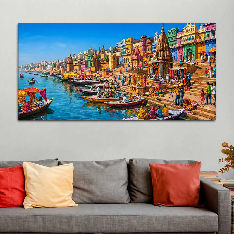 Vibrant Kashi Ganga View Canvas Wall Art Painting for Living Room Decor