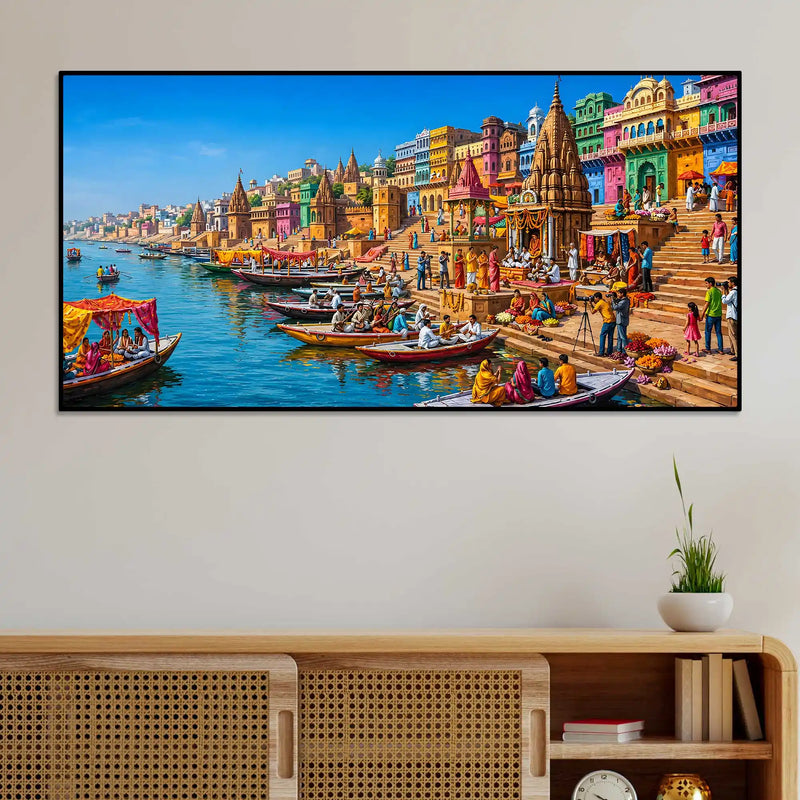Vibrant Kashi Ganga View Canvas Wall Art Painting for Living Room Decor