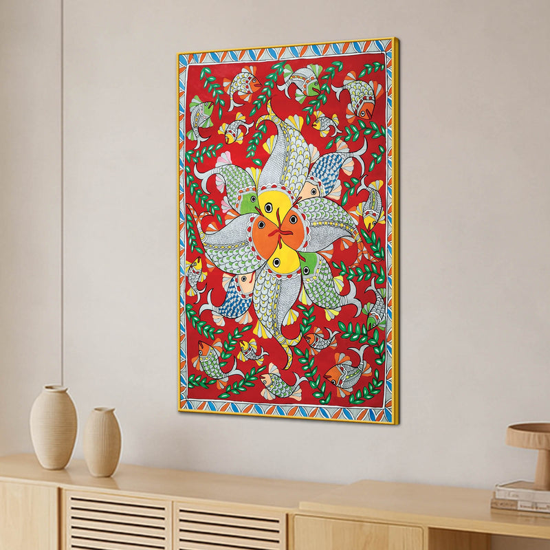 Vibrant Madhubani Fish Canvas Painting for Wall Decor