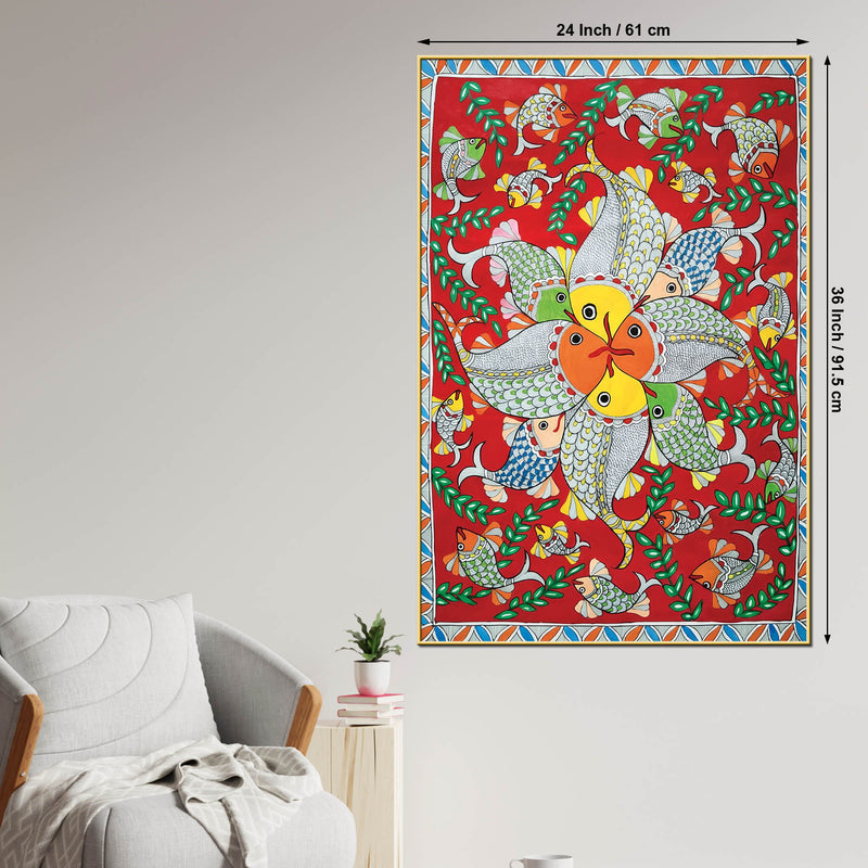 Vibrant Madhubani Fish Canvas Painting for Wall Decor