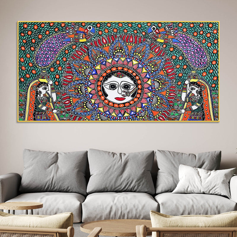 Vibrant Madhubani Surya Canvas Wall Painting