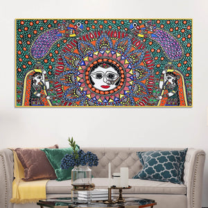 Vibrant Madhubani Surya Canvas Wall Painting