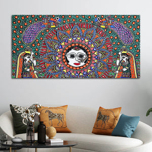 Vibrant Madhubani Surya Canvas Wall Painting